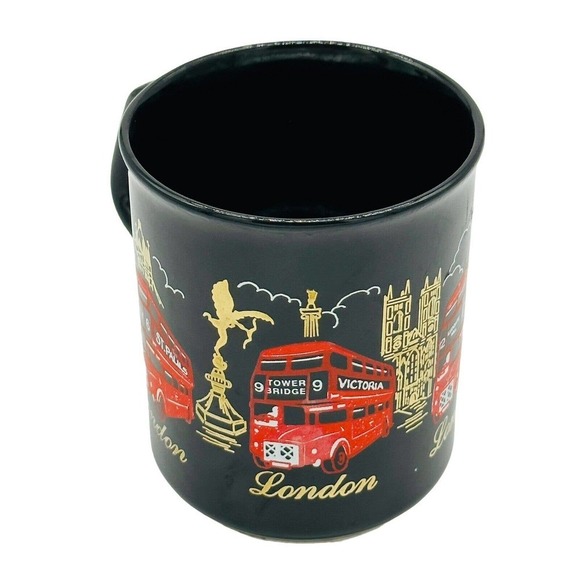Vintage London England Coffee Mug 10 oz Double Decker Bus Big Ben Ceramic Black - Picture 3 of 7